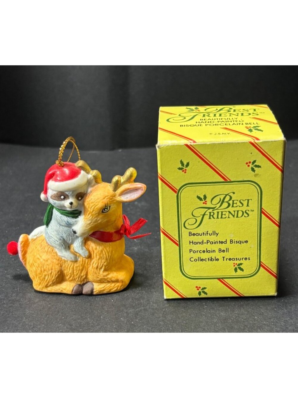 Hand Painted Best Friends Deer  Raccoon Christmas Bisque Ornament Collectible F